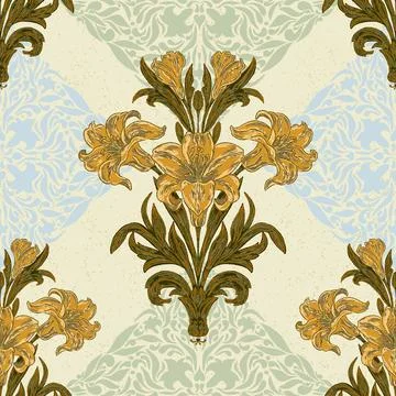 Elegant vintage-inspired seamless pattern featuring stylized lilies surrounde Stock-Illustration
