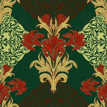 Elegant vintage-inspired seamless pattern featuring stylized lilies surrounde Stock Illustration