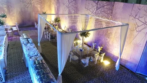 "Elegant Wedding Dining Setup with Canopy and Floral Decor" Video stock 327900777