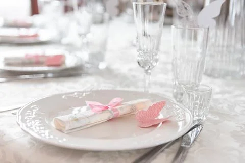 Elegant Wedding Dining Table Set for a Special Occasion with Delicate Decor.. Stock Photos