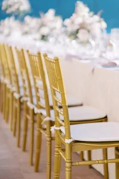 Elegant wedding dinner setup with gold chairs Stock Photos
