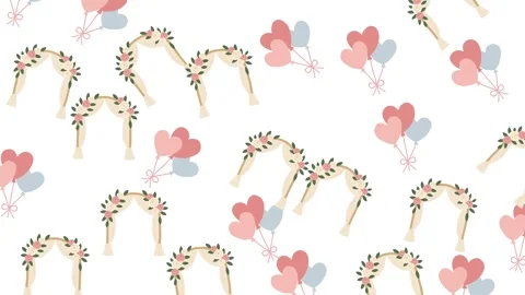 Elegant Wedding Pattern Featuring Floral Arches and Pastel Heart Shaped Balloons Stock Footage 345539959