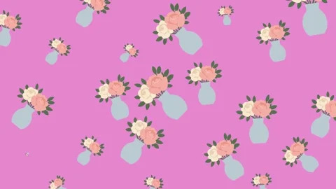 Elegant Wedding Pattern with Pink and White Roses in Vases on Pink Background Stock Footage 345539987