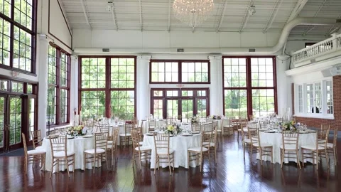 Elegant wedding reception hall with large windows Stock Footage 337796451