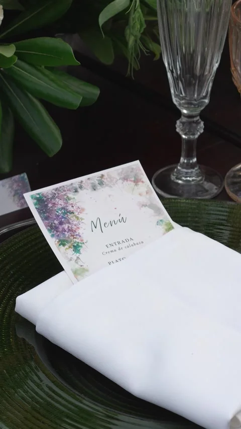 Elegant Wedding Reception Menu Card on Table Setting with Floral Stationery and Stock Footage 345112056