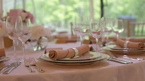 Elegant wedding reception table setting, dolly shot 動画素材 50378184