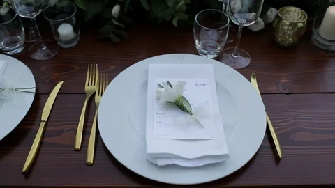 Elegant Wedding Reception Table Setting, Dolly Shot Stock Footage 123702861