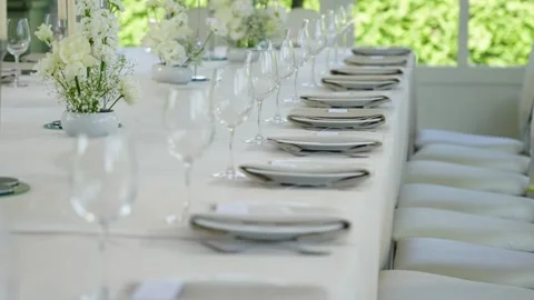 Elegant wedding reception table setting with white flowers and glassware Stock Footage 339458484