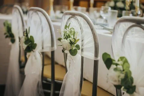 Elegant wedding reception table setting with decorated chairs featuring whi.. Stock Photos