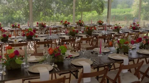 Elegant Wedding Reception Tables Set Up for Celebration Stock Footage 337778163