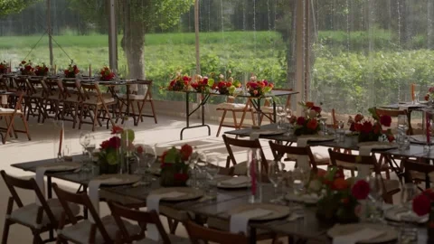 Elegant Wedding Reception Tables Set Up in Marquee Tent Stock Footage 337778372