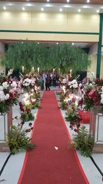 Elegant wedding reception venue with red carpet and indoor floral decorations Stock-Fotos