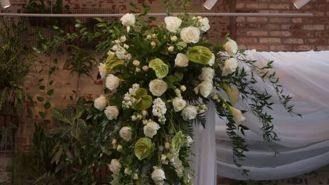 Elegant Wedding Setup Details, Closeup Of Wedding Arch With Roses And Flowing Stock-Footage 323780508