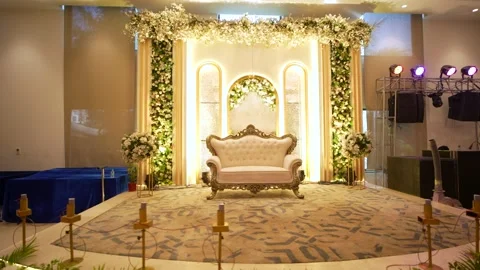 Elegant Wedding Stage with Floral Backdrop and Luxury Sofa Stock Footage 341879080
