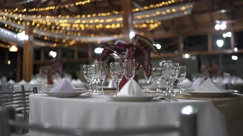 Elegant Wedding Table Setting Parallax Bokeh Lights Stock Footage 319627312