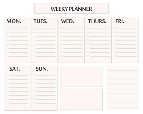Elegant weekly planner template. Isolated organizer and schedule with notes and Stock Illustration