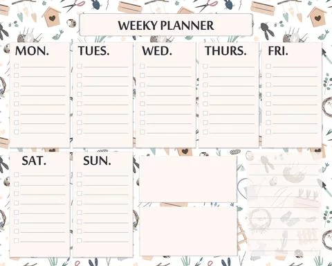 Elegant weekly planner template with spring garden objects. Isolated organizer Stock Illustration