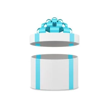 Elegant white circle open gift box with luxury blue bow ribbon 3d icon real.. Stock Illustration