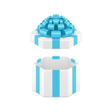 Elegant white hexagonal gift box with open cap and luxury blue bow ribbon 3.. Illustrazione stock
