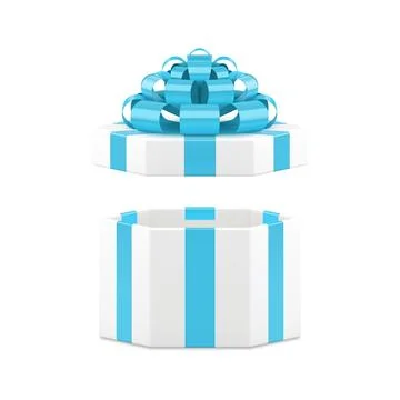 Elegant white hexagonal open gift box with luxury blue bow ribbon 3d icon r.. Illustrazione stock