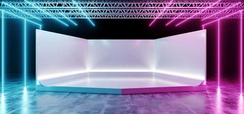 Elegant White Modern Reflective Empty Stage On Concrete Floor With Neon Glowi 스톡 일러스트