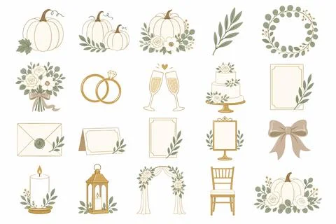 Elegant White Pumpkin Fall Wedding Icon Set Vector Stock Illustration