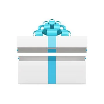 Elegant white rectangular gift box with open lid and blue bow ribbon 3d icon  Stockillustratie