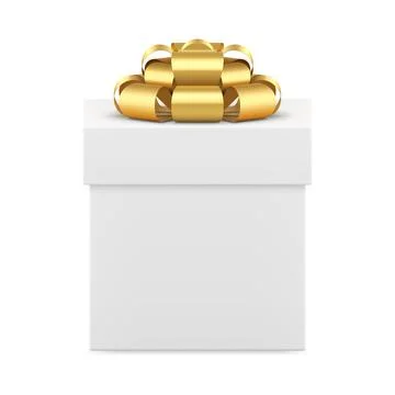 Elegant white squared gift box with golden premium bow ribbon side view rea.. Stock Illustration