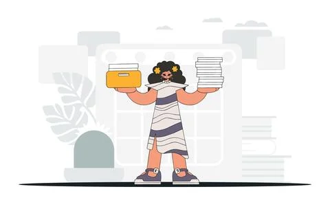 An elegant woman holds a stack of documents in her hands. Graphic illustrat.. Stock Illustration