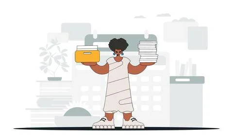 An elegant woman holds a stack of documents in her hands. An illustration d.. Stock Illustration