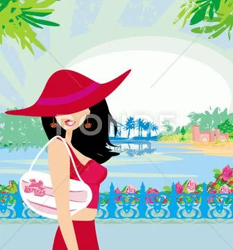 Elegant woman on tropical vacation Stock Illustration