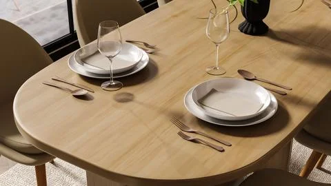 Elegant wooden dining table with tableware close up Stock Illustration