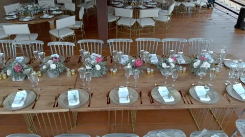 Elegantly Arranged Banquet Table Setting Prepared For Wedding Or Special Event Stock Footage 337090731