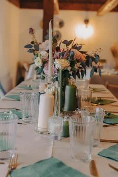 Elegantly Decorated Dinner Table Setting Stock Photos