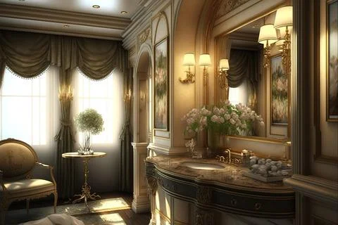 Elegantly decorated hotel rooms and bathrooms. Generative AI Stock Illustration