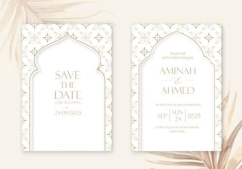 Elegantly designed wedding invitations featuring a geometric pattern and a mo Stock Photos