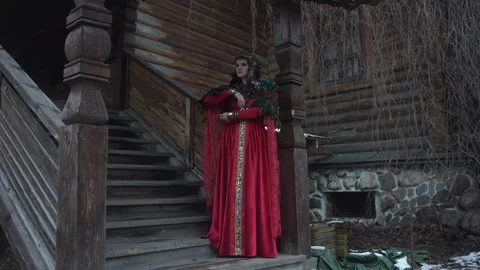 An Elegantly Dressed Figure Gracefully Posed on Rustic Wooden Steps Vidéo 295127884
