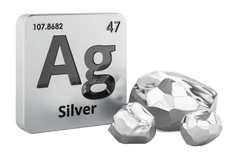 Element Ag periodic table with silver nuggets. 3D rendering Stock Illustration