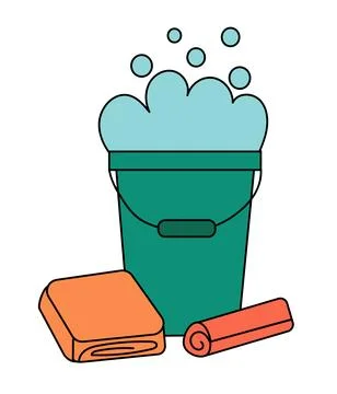Element of cleaning tools. Bucket with rags. Foam from cleaning products. Stock Illustration