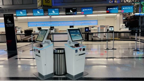 Element of Empty airport checkin area, modern terminal. USA Chicago, IL 6 mar Stock Footage 331035661