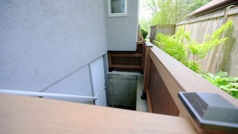 Element of the exterior, new stairs to the backyard entrance or exit , slow move Stock Footage 311495205