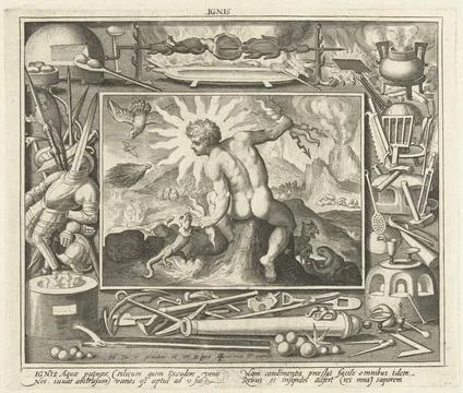 Element fire; Ignis; The four elements. The element fire. Sitting naked ma... Stock Photos