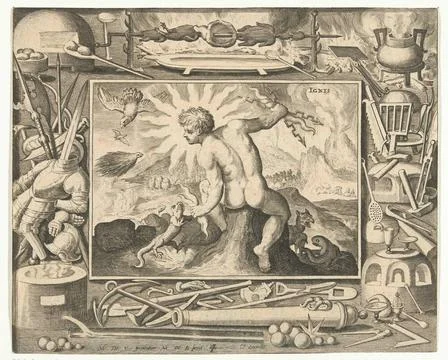 Element fire as a young man with lightning bolts; Ignis; The four elements... Stock Photos