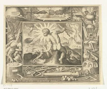 Element fire as a young man with lightning bolts; Ignis; The four elements... Foto stock