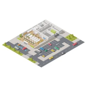 Element infographics representing a supermarket in section with parking locat Stock Illustration