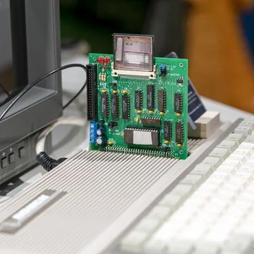 Element of an old and obsolete computer. Expansion board. Stock Photos