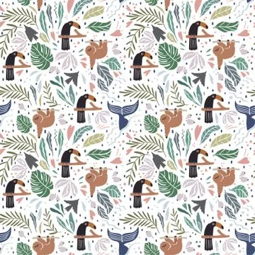 Element of seamless pattern. Stylized leaves, berries and animals Stock Illustration