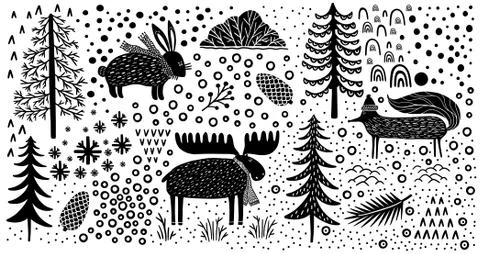 Element set nature forest wildlife Canada.Animal fox,hare,elk.Season winter p Stock Illustration