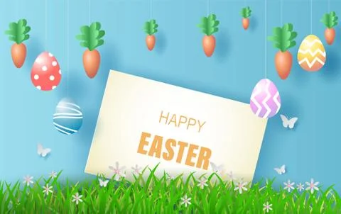 Element signboard design.Happy Easter day in green grass with white flowers.B Illustrazione stock
