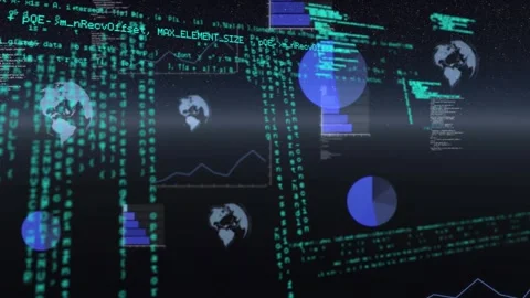 On element spawn 3D data visuals floating forward and enlarging to show global Stock Footage 320916079